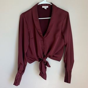 TOPSHOP Satin Long Sleeve Front Tie Blouse Size 6